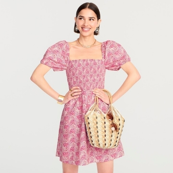 J. Crew Pink Floral Smocked Puff Sleeve Flowy Poplin Mini Dress Tropical Girly - Picture 1 of 10